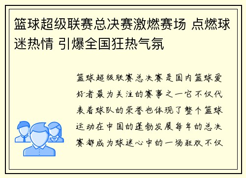 篮球超级联赛总决赛激燃赛场 点燃球迷热情 引爆全国狂热气氛