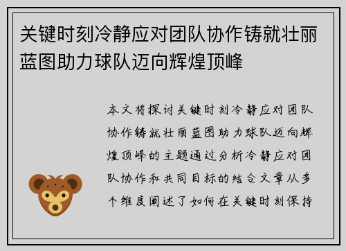 关键时刻冷静应对团队协作铸就壮丽蓝图助力球队迈向辉煌顶峰